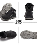 Steel Toe Work Boots For Men With Wide Toe Fit Breathable Fly Knit Mesh And Leather Upper Slip Resistant Durable Industrial And Construction Safety Shoes Built For Long Shifts On Tough Jobs shown from multiple angles.