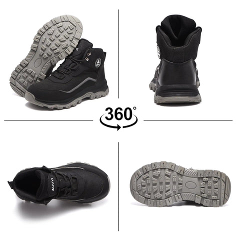Steel Toe Work Boots For Men With Wide Toe Fit Breathable Fly Knit Mesh And Leather Upper Slip Resistant Durable Industrial And Construction Safety Shoes Built For Long Shifts On Tough Jobs shown from multiple angles.