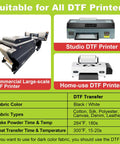 Commercial and home-use DTF printers with specs, suitable for all types using Upgraded DTF Paper Roll 8.3 By 328 Feet For Dark And Light T Shirts.