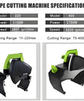 Automatic Pipe Cutting Machine Pro With Dual Saw Blades And Cold Cutting Technology shown with specifications for models 220 and 400