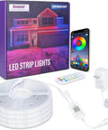 Outdoor 100Ft IP68 Waterproof LED Strip Lights With RF Remote And Bluetooth Music Sync App Control Long Color Changing 5050 RGB Rope Lights For Outdoors Dope Bright 24V LED Tape, shown with packaging and app control on phone
