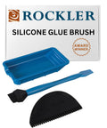 Silicone Glue Applicator Kit 3 Piece Set With Glue Brush, Glue Tray, And Glue Spreader For Precise Mess Free Woodworking With Water Rinse Cleanup Not Safe For Food Use shown with packaging
