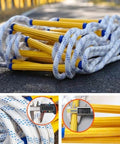 Heavy Duty Emergency Fire Escape Ladder With Quick Deploy Hooks And Non Slip Resin Rungs Built Tough For Two Story Flame Resistant Apartment Rescue Gear, coiled and measured.