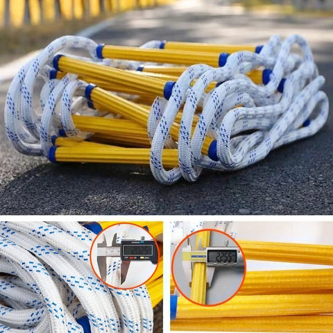 Heavy Duty Emergency Fire Escape Ladder With Quick Deploy Hooks And Non Slip Resin Rungs Built Tough For Two Story Flame Resistant Apartment Rescue Gear, coiled and measured.
