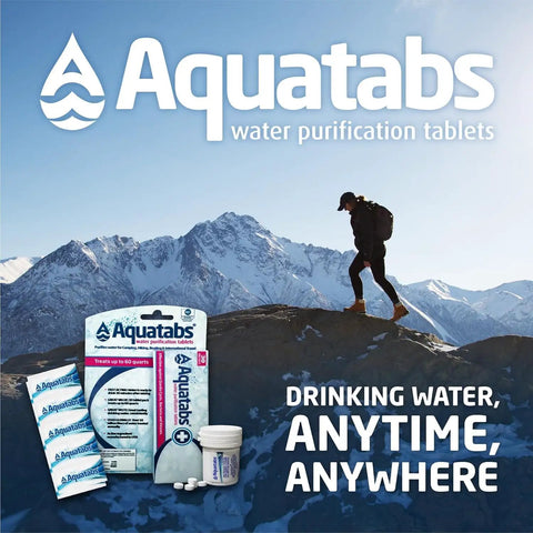 49mg Water Purification Tablets 30 Pack Portable Purifier For Camping On The Go Hiking And Survival Kits with mountain backdrop