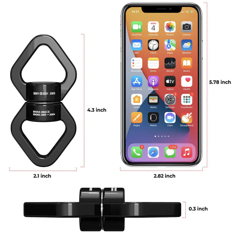 Heavy Duty 30Kn Swivel Carabiner With Legit 360 Degree Spin For Aerial Yoga Routines and Backyard Tree Swing Hooks shown with dimensions.