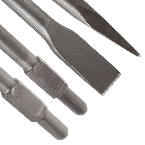 Close-up of Amazon AConnet 4-pack 16-inch demolition hammer drill bits with flat-tip and bull-point chisels