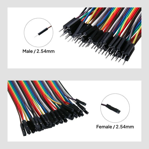 Dupont Jumper Wire Kit 20 Cm Multicolor Ribbon Cables 2 Pack M To F, F To F, M To M showing male and female connectors