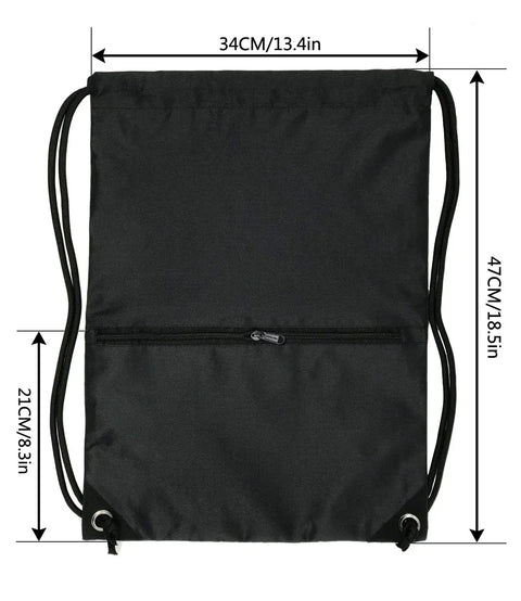 Durable Black Drawstring Backpack For Gym And Everyday Carry No Fuss Use With Thick Polyester Material Easy Draw Cord Closures Sturdy Shoulder Straps And A Generous Zipper Pocket Measuring 13.4 Inches Long By 8.3 Inches Wide Washable And Reusable