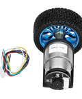 Heavy Duty DC 12V Encoder Gear Motor Set With Smooth As Butter Cw Ccw Shaft And Sturdy Mounting Bracket For Balance Robot Cars And Diy Smart Projects Featuring Rock Solid High Torque Output And No Sweat Operation with a black tire and colorful wires.