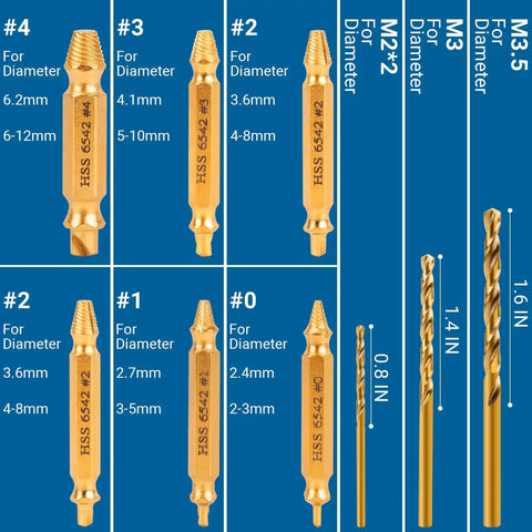 10 Piece Damaged Screw Extractor Set With 6 HSS 6542 Extractors And 4 Twist Drill Bits Titanium Gold Plated Surface
