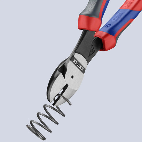 74 02 200 SBA Comfort Grip High Leverage Diagonal Cutters cutting a metal spring, showcasing ergonomic handles and precise edges.