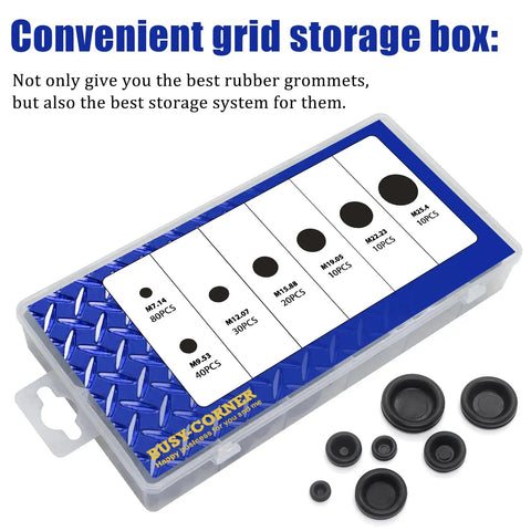 Top Drawer Rubber Grommets With Flame Resistant Cable Hole Plugs For Wire Wrangling And Electrical Upgrades In Seven Sizes in storage box.