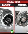 Gas Cap Replacement For GM Vehicles That Seals Tight And Prevents Leaks Fits Buick LeSabre Park Avenue Cadillac DeVille Eldorado shown in smoke test comparison