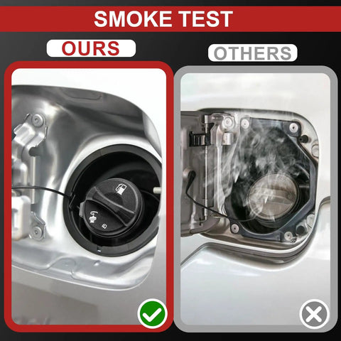 Gas Cap Replacement For GM Vehicles That Seals Tight And Prevents Leaks Fits Buick LeSabre Park Avenue Cadillac DeVille Eldorado shown in smoke test comparison