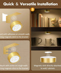 3 Pack Wireless Picture Lights For Wall, Battery Operated Poster Lamps With Polished Gold Finish, installation guide with magnets and adhesive.