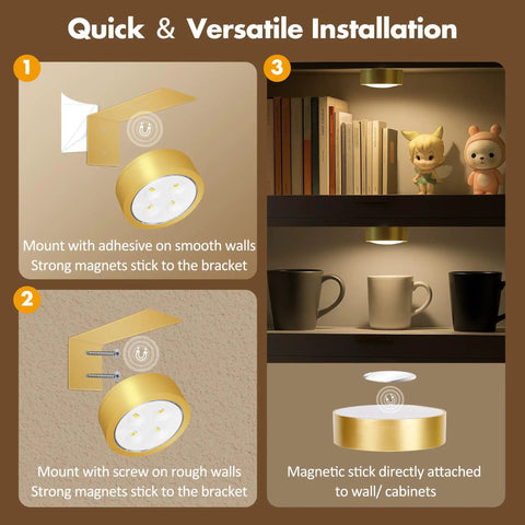 3 Pack Wireless Picture Lights For Wall, Battery Operated Poster Lamps With Polished Gold Finish, installation guide with magnets and adhesive.