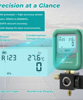 DUOYI DY519 3-in-1 HVAC digital manifold gauge; green handheld unit with brass valve block for refrigerant charging, vacuum testing and leak detection