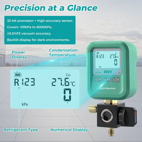 DUOYI DY519 3-in-1 HVAC digital manifold gauge; green handheld unit with brass valve block for refrigerant charging, vacuum testing and leak detection
