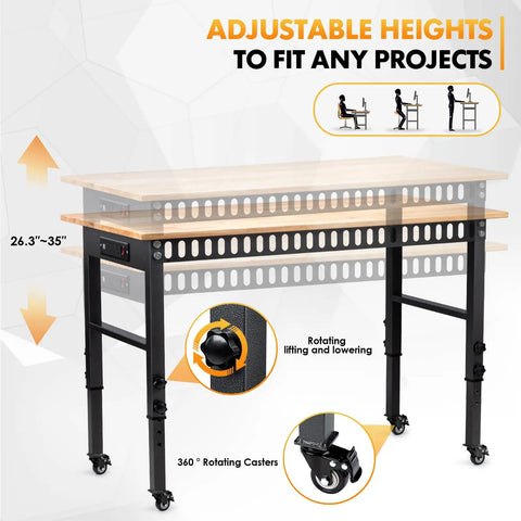 Heavy Duty 48 Inch Height Adjustable Workbench With Wheels And Socket 2000 Lbs Load Capacity Rubber Wood Top
