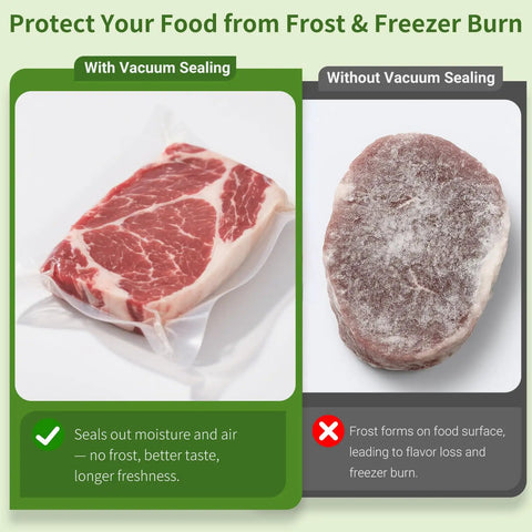 Comparison of meat with 95kPa Vacuum Sealer Machine With Dual Pump Vacuum And Inflate Modes and without vacuum sealing.