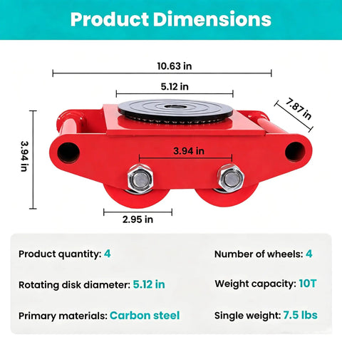 Diagram of Beefed-Up Heavy Duty 4-Piece Machinery Skate Dolly Set With 20,000 Lbs Capacity, showing dimensions and build.