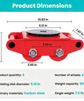 Product dimensions of Heavy Duty 10 Ton Machinery Moving Skates Set Of 4 With 20000 Lbs Load Capacity, carbon steel, 4 wheels.