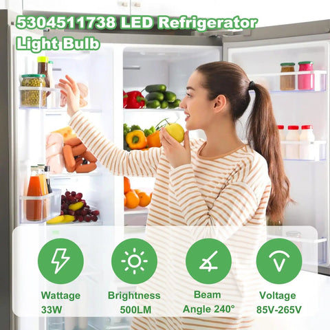 Woman holding apple near open fridge with LED Fridge Light Bulb 5304511738 Replacement For Frigidaire Electrolux Kenmore PS12364857 AP6278388 3.5W visible inside.