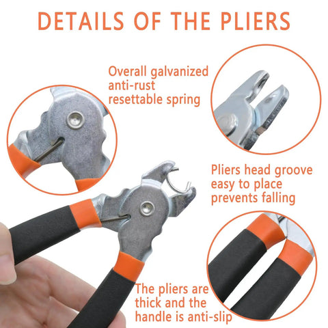 Close-up of Beefy Hog Ring Pliers Kit with anti-slip grip and galvanized rust-resistant spring, showing detailed construction.