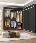 Beefy Heavy Duty Freestanding Portable Closet Organizer With Adjustable Carbon Steel Frame And Thick Vinyl Cover showing organized clothes and storage.
