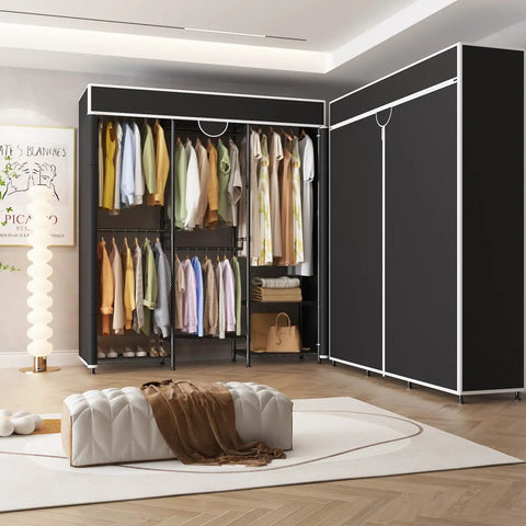 Beefy Heavy Duty Freestanding Portable Closet Organizer With Adjustable Carbon Steel Frame And Thick Vinyl Cover showing organized clothes and storage.