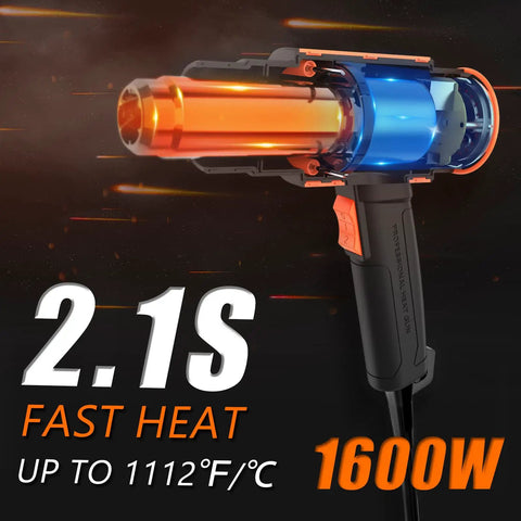 Beast 1600W Heat Gun With Dual Temperature Settings 572F And 1112F 5 Nozzles Cordless Fast Heating For Shrink Tubing PVC Wrapping Crafts Epoxy Resin Sticker Removal And Paint Stripping image showing glowing hot air nozzle and temperature text