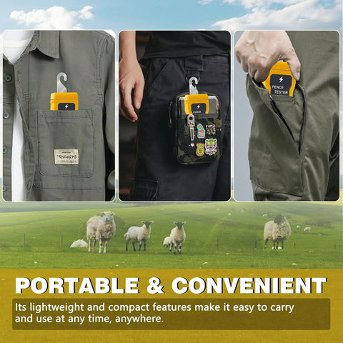 Electric Fence Voltage Tester For Farm Pro 12KV Portable Fence Testing Tool with clip-on pocket size tester on workwear
