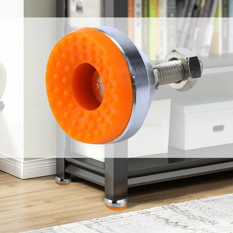 4 Pack Threaded Adjustable Leg Levelers With 2 Inch Screws For Workbenches, Machines, Cabinets And Heavy Duty Use, 800 Lb Capacity, Orange And Silver Tone Non Slip Rubber Bases, M10 X 1.5mm shown in home setup