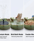 Solar Powered Ceramic Bird Bath Fountain With Large Capacity Bowl For Outdoors Easy Breezy Hummingbird Attracting Water Feature For Patio And Garden No Fuss Low Maintenance Tabletop Yard Decor shown in fountain, bird bath, and feeder modes.