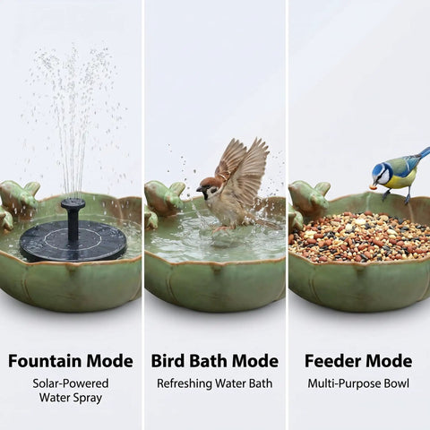 Solar Powered Ceramic Bird Bath Fountain With Large Capacity Bowl For Outdoors Easy Breezy Hummingbird Attracting Water Feature For Patio And Garden No Fuss Low Maintenance Tabletop Yard Decor shown in fountain, bird bath, and feeder modes.
