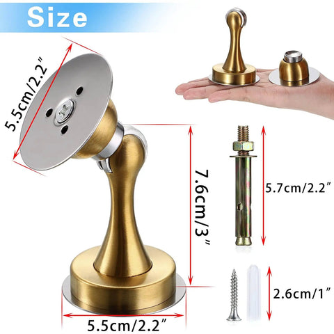 Sturdy Magnetic Door Stopper With Gold Finish, Heavy Duty Stainless Steel Door Stopper parts and dimensions with screws shown