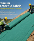 Heavy Duty Polyester Ground Cover Mat With Built Like A Tank Weed Barrier and Water Permeable Drainage Design For Outdoor Landscaping Playground Surface Base Foundation Underlayment rolled out on a slope by two workers.