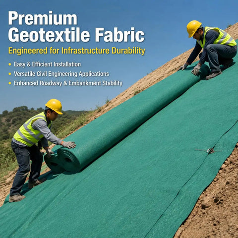 Heavy Duty Polyester Ground Cover Mat With Built Like A Tank Weed Barrier and Water Permeable Drainage Design For Outdoor Landscaping Playground Surface Base Foundation Underlayment rolled out on a slope by two workers.