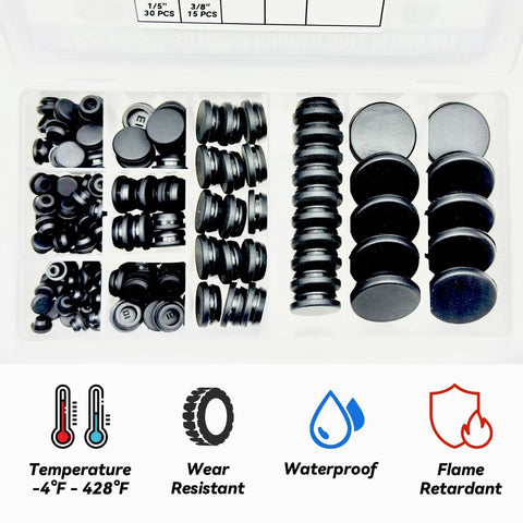 135 Piece Black Silicone Plugs Kit For Round Holes 8 Size Set Including 1 Inch 3/4 Inch 5/8 Inch 1/2 Inch displayed with features.