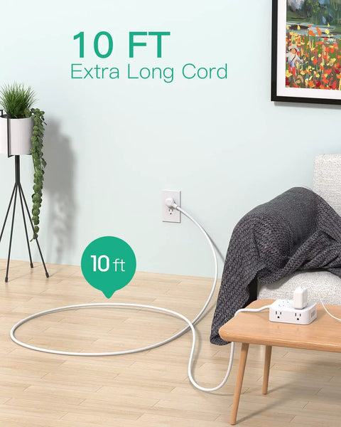 10ft cord connected to Beefy 12-Device Power Strip With 10Ft Cord Flat Plug Wall Mount 8 AC Outlets And 4 USB Ports (1 USB-C)
