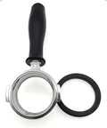 Bottomless 58mm Portafilter Handle With Replacement Gasket For Rancilio Silvia Epoca And Classe Espresso Machines Durable Ergonomic Build For Home Baristas And Coffee Nerds, showcasing black handle and metal frame with gasket.