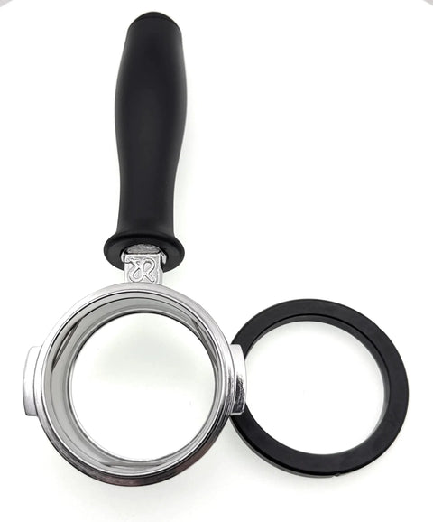 Bottomless 58mm Portafilter Handle With Replacement Gasket For Rancilio Silvia Epoca And Classe Espresso Machines Durable Ergonomic Build For Home Baristas And Coffee Nerds, showcasing black handle and metal frame with gasket.