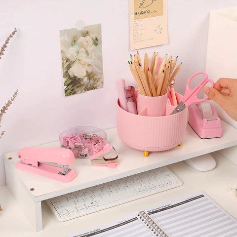 Pink Desk Accessories Set For Home Office 10 Piece Including 360 Degree Rotating Pen Holder Stapler Staple Remover Tape Dispenser Two Tape Refills Scissors Ruler Push Pins Binder Clips Paper Clips Kit on white desk