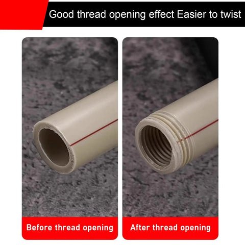 Comparison of PVC pipe before and after threading using 2Pcs Dual-Function Pipe Threading Tool Set For 1/2 And 3/4 Inch Pvc Plastic Pipes Electric Drill Compatible Internal External Thread Cutter Kit Home Repair Project Essential Gear.