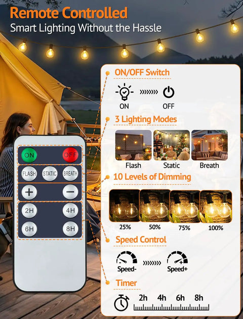 Outdoor Solar String Lights 25 Ft With Remote Waterproof Dimmable 3 Modes Patio Lighting 11 G40 Shatterproof Bulbs