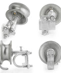 5 Inch Pipe Track Gate Rollers For Chain Link Sliding Gates Heavy Duty Wheels To Fit 1 7 8 Inch Posts And 1 7 8 Or 1 5 8 Inch Gate Frames Single U Bracket Pack Of 4, multiple views showing galvanized metal rollers with U bracket fittings