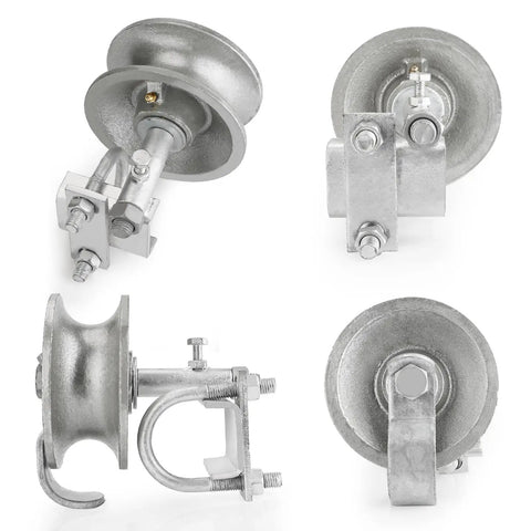 5 Inch Pipe Track Gate Rollers For Chain Link Sliding Gates Heavy Duty Wheels To Fit 1 7 8 Inch Posts And 1 7 8 Or 1 5 8 Inch Gate Frames Single U Bracket Pack Of 4, multiple views showing galvanized metal rollers with U bracket fittings