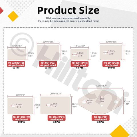 Diagram showing sizes of 420 Piece Mica Insulator Sheet Assortment Kit for TO-220, TO-3P, TO-3P11, TO-3PL, TO-3, with and without holes.