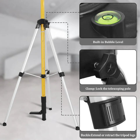 Telescoping Laser Level Pole With Tripod Kit For Accurate Job Site Layout 12 Ft Extendable Pole With Four Sections And Tail Rod, built-in bubble level